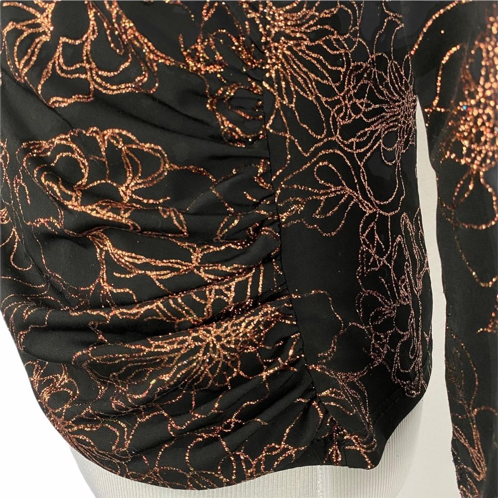 MSK Black Rose Gold Glitter Floral Wrap Top L - Picture 7 of 13